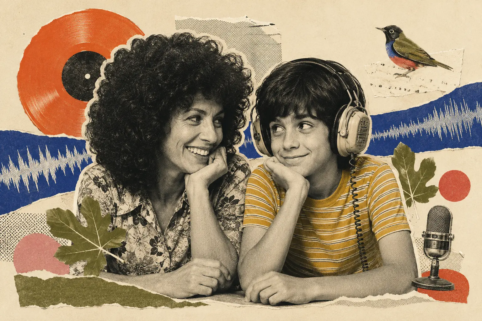 קולאז׳ ישראלי בסגנון שנות השבעים: אישה וילד עם אוזניות מחליפים מבט שובב